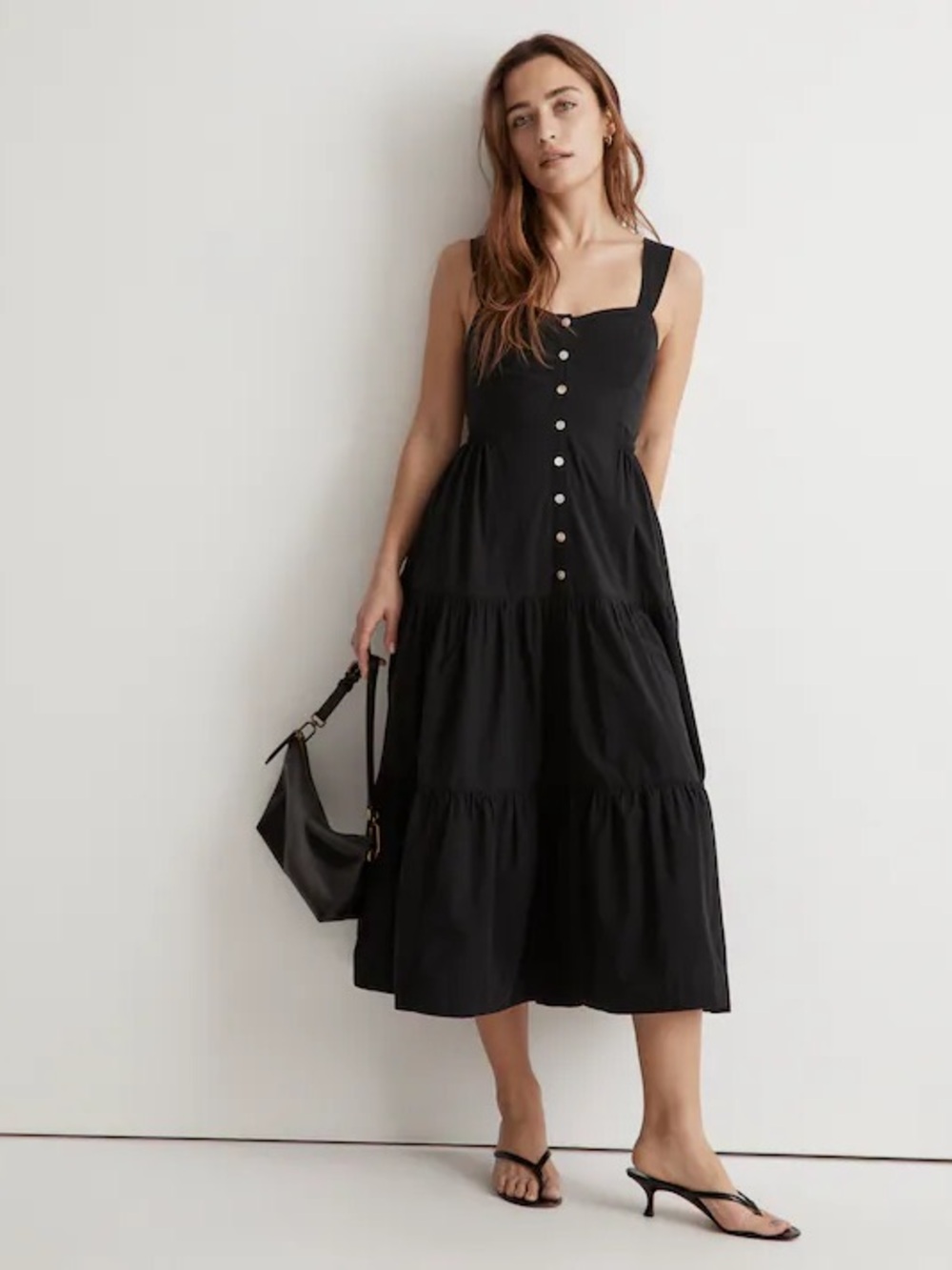 Madewell Black Tiered Button-Front Midi Dress with Square Neck